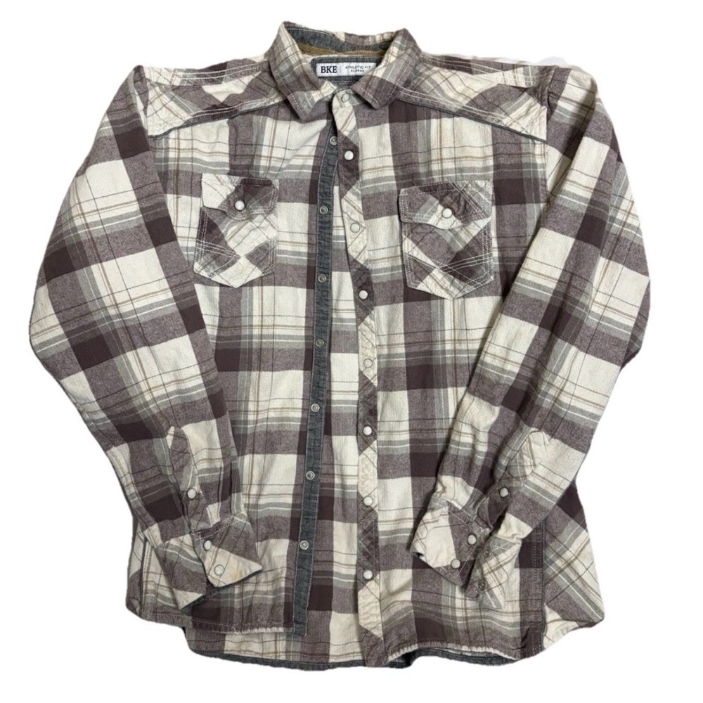 BKE Men Pearl Snap Plaid Size XL Beige Blue Athletic Fit Flannel Long Sleeve